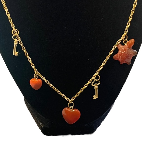 Vintage 12K Gold Filled Red Jade Bone Charm Necklace - Picture 5 of 10